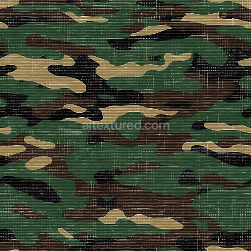 Seamless 3D Woodland Camouflage PBR Texture Featuring Classic Fabric Weave and Organic Patches