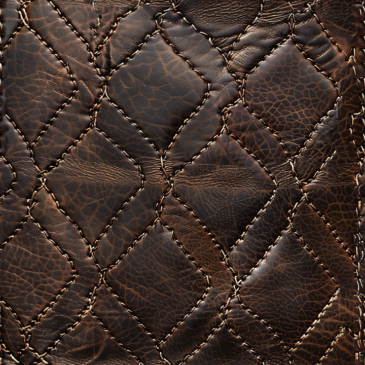 Quilted Dark Brown Aged Leather with Worn Stitching seamless PBR texture preview