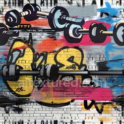 seamless Seamless 3D PBR Graffiti Texture Featuring Bold Colorful Barbells on Brick texture 8k free download PBR