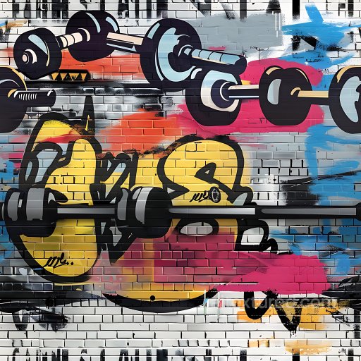 Seamless 3D PBR Graffiti Texture Featuring Bold Colorful Barbells on Brick texture preview