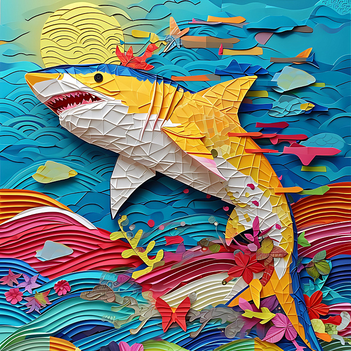 Animal of Stylized Origami Bull Shark in Vibrant Colors seamless PBR texture preview