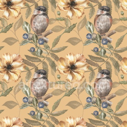 seamless Seamless 3D PBR Texture with Watercolor Bird, Blueberries & Yellow Flowers texture 8k free download PBR