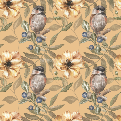 Seamless 3D PBR Texture with Watercolor Bird, Blueberries & Yellow Flowers