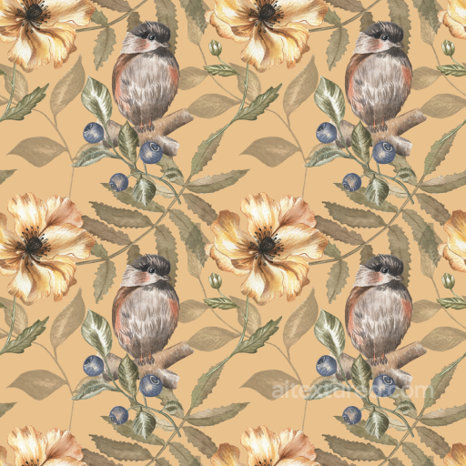 with Watercolor Bird, Blueberries & Yellow Flowers seamless Floral PBR texture