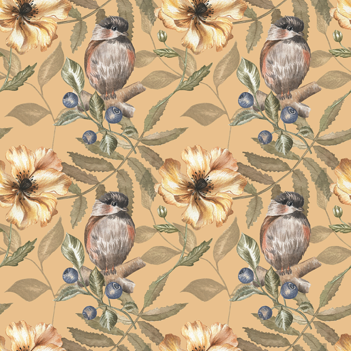with Watercolor Bird, Blueberries & Yellow Flowers seamless PBR texture preview
