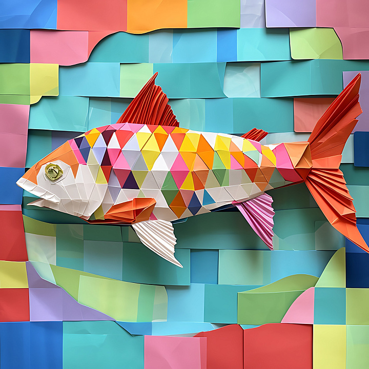 Animal of Colorful Origami Fish with Geometric Scales seamless PBR texture preview