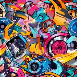 seamless Seamless 3D PBR Texture Featuring Vibrant Urban Graffiti and Electronics Motifs texture 8k free download PBR