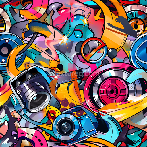 Preview — Seamless 3D PBR Texture Featuring Vibrant Urban Graffiti and Electronics Motifs