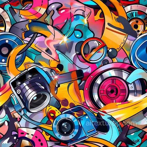 Seamless 3D PBR Texture Featuring Vibrant Urban Graffiti and Electronics Motifs texture preview