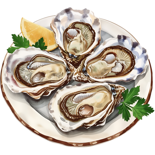 Illustrated Oyster Platter Breakfast with Lemon and Parsley on White Plate