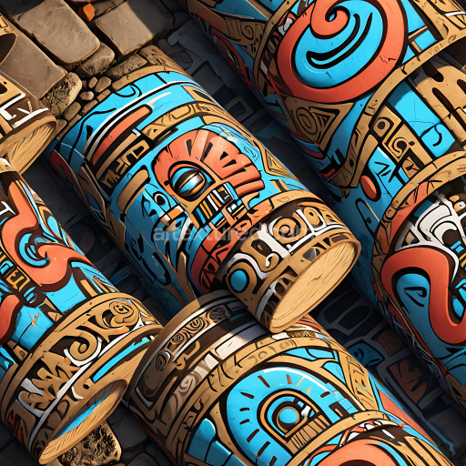 Preview — Seamless 3D PBR Texture Featuring Aztec-Inspired Graffiti with Bright Blue and Terracotta Colors
