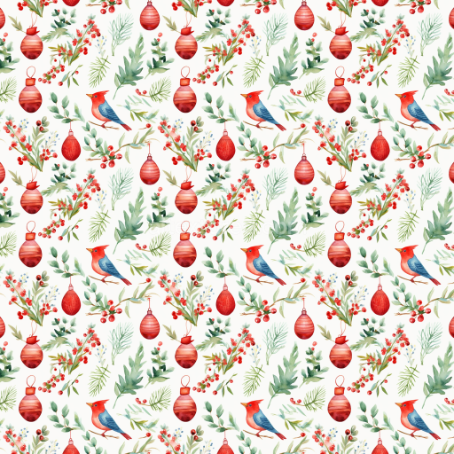 Seamless 3D PBR Christmas Watercolor Texture with Red Ornaments and Greenery
