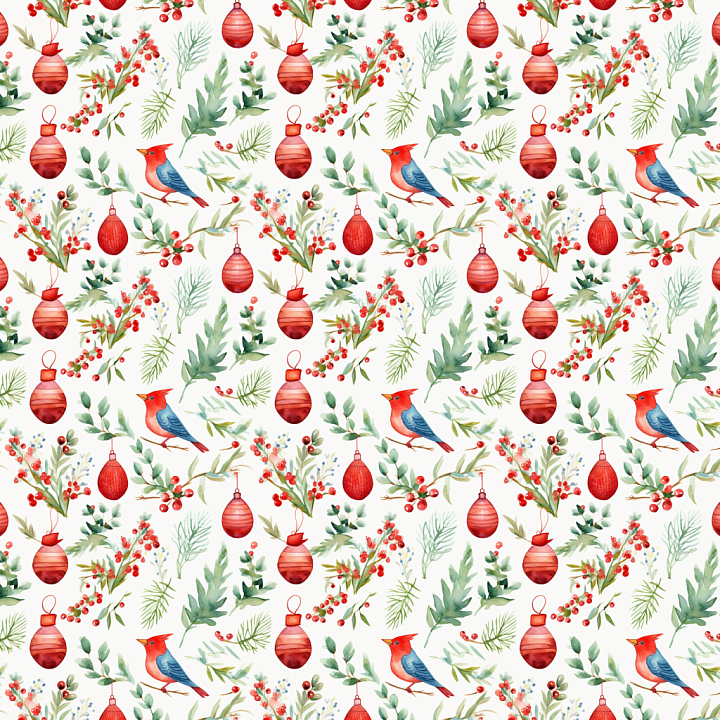 Christmas Watercolor with Red Ornaments and Greenery seamless PBR texture preview