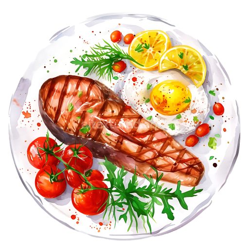 Grilled Fish Steak Breakfast with Sunny-Side Egg and Fresh Tomatoes Illustration