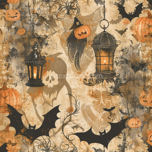 Seamless 3D PBR Texture with Vintage Halloween Pumpkins, Bats, and Lanterns