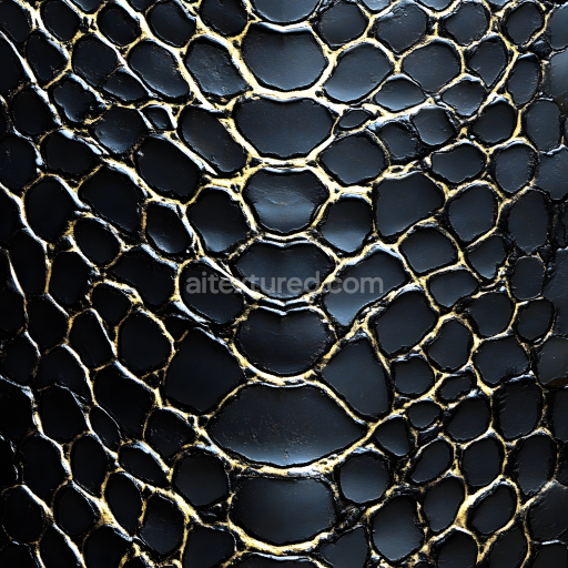 Seamless 3D reptilian skin PBR texture with smooth black scales and golden creases