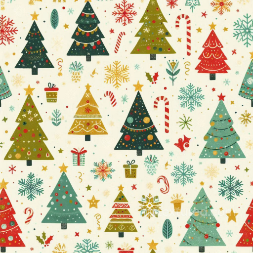 Christmas Digital Paper Texture Featuring Colorful Hand-Painted Trees seamless All Christmas Digital paper PBR texture