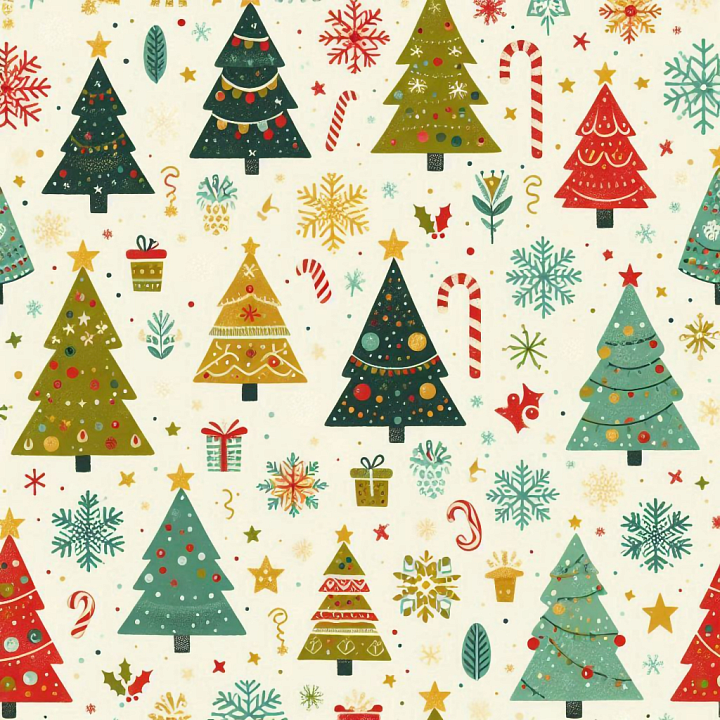 Christmas Digital Paper Featuring Colorful Hand-Painted Trees seamless PBR texture preview