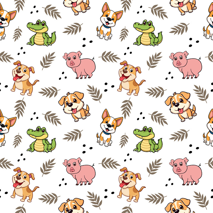 Pattern with Playful Cartoon Animals and Leaf Motifs seamless PBR texture preview