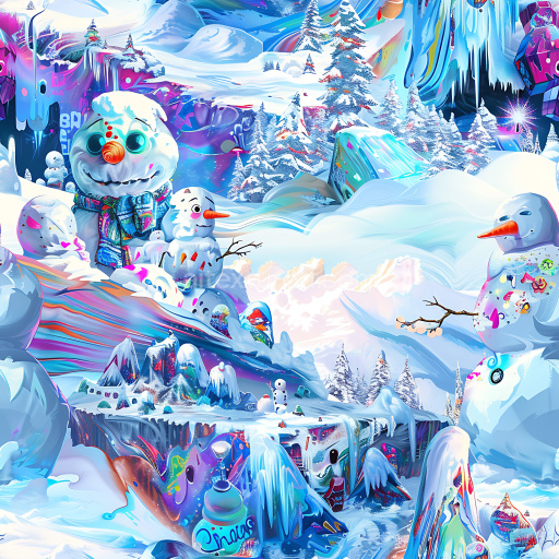 Seamless 4K PBR Graffiti Texture Featuring Vibrant Snowmen and Winter Mural