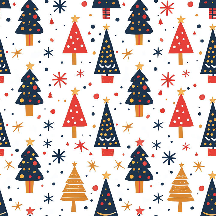 with Stylized Christmas Tree Pattern in Red, Navy, and Gold seamless PBR texture preview