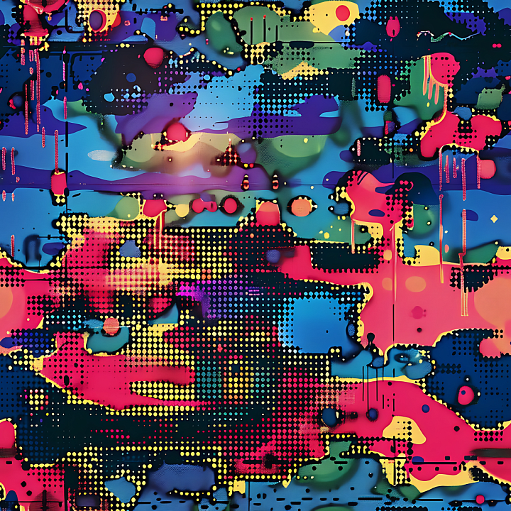 Abstract Digital Camouflage with Vibrant Colors & Halftone Dot Pattern seamless PBR texture preview