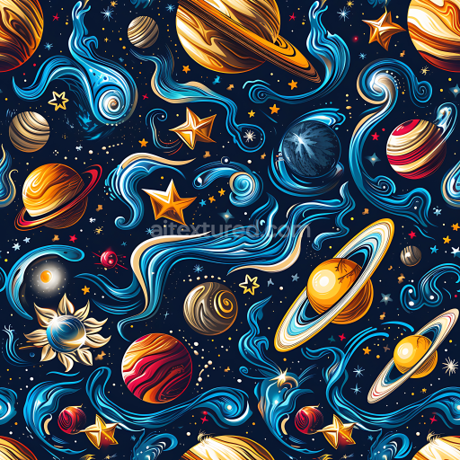 Preview — Seamless 3D Stylized Space PBR Texture Featuring Colorful Planets and Cosmic Nebula Swirls