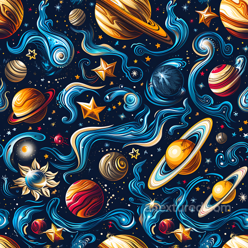 Stylized Space PBR Texture Featuring Colorful Planets and Cosmic Nebula Swirls seamless Star, space, planets PBR texture