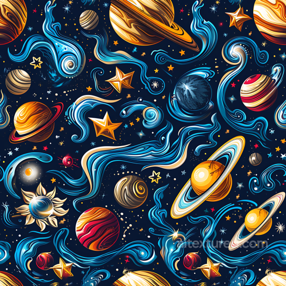 Stylized Space PBR Texture Featuring Colorful Planets and Cosmic Nebula Swirls Star, space, planets texture preview