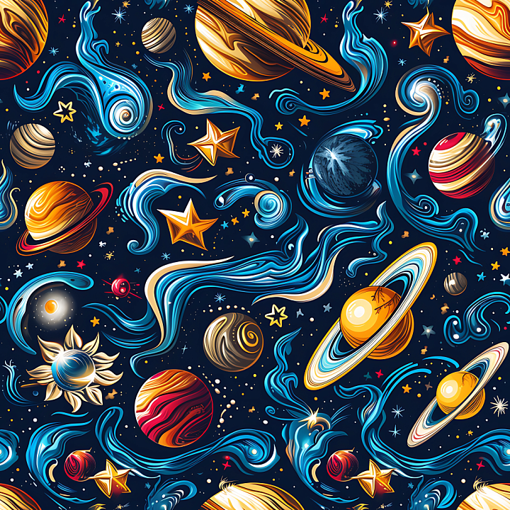 Stylized Space Featuring Colorful Planets and Cosmic Nebula Swirls seamless PBR texture preview