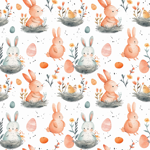 Seamless 3D PBR Texture with Watercolor Easter Bunnies and Eggs Pattern