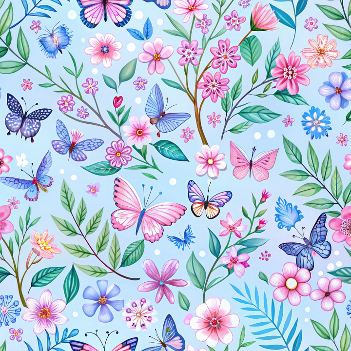 Watercolor Butterflies and Floral Pattern on Soft Fabric seamless PBR texture preview