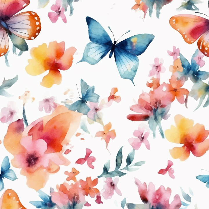 Watercolor Butterflies and Floral Pattern seamless PBR texture preview