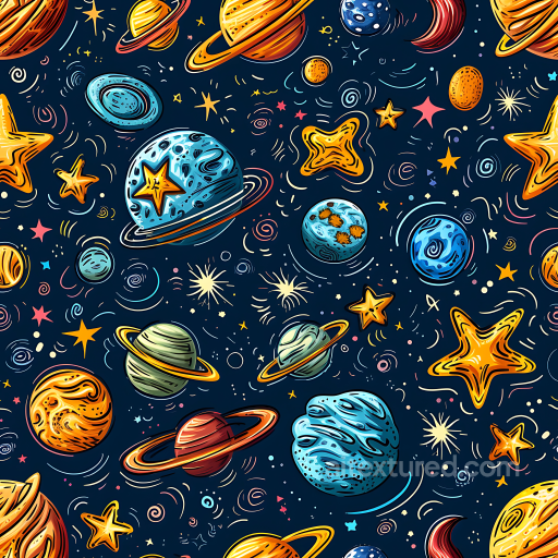 Featuring Stylized Cartoon Planets and Stars seamless Star, space, planets PBR texture
