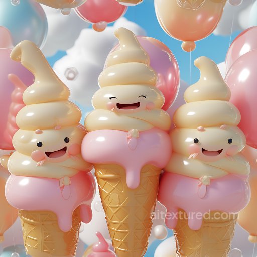 Inflated PBR Texture Featuring Cute Vinyl Ice Cream Cones with Glossy Soft Serve and Drip… seamless Inflated PBR texture
