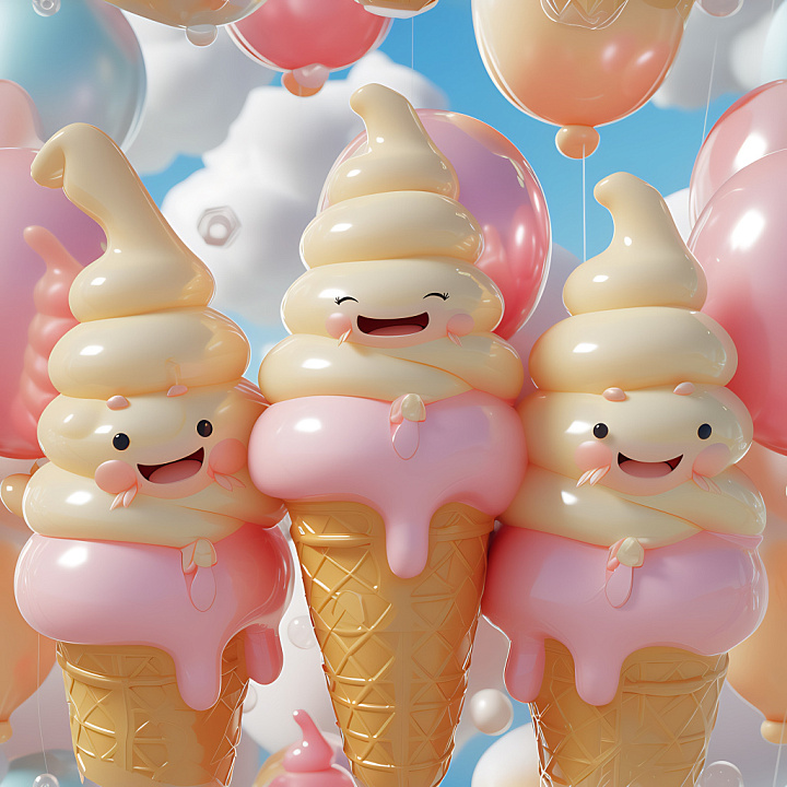 Inflated Featuring Cute Vinyl Ice Cream Cones with Glossy Soft Serve an… seamless PBR texture preview