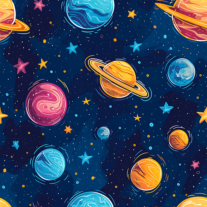 Space with Stylized Colorful Planets and Vibrant Starfield seamless PBR texture preview