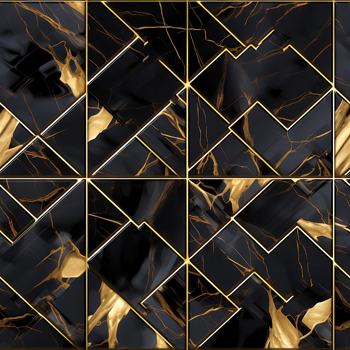Black Marble and Gold Vein with Geometric Tile Pattern seamless PBR texture preview