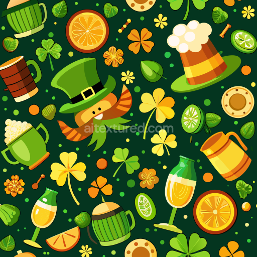 Seamless 3D PBR Texture with St Patrick Themed Cartoon Icons and Shamrocks