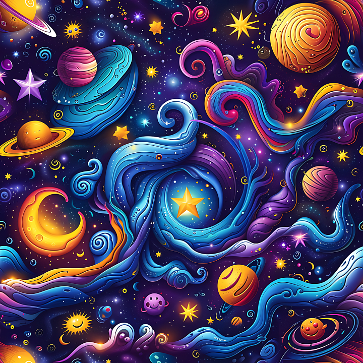 Cartoon-Style Cosmic Nebula & Planet with Vibrant Swirls seamless PBR texture preview