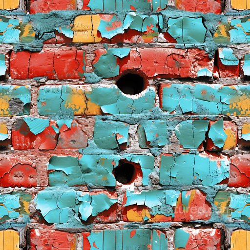 Cracked & Holed Painted Brick Wall Texture with Peeling Blue, Red, and Yellow Paint seamless Cracked & Holes PBR texture
