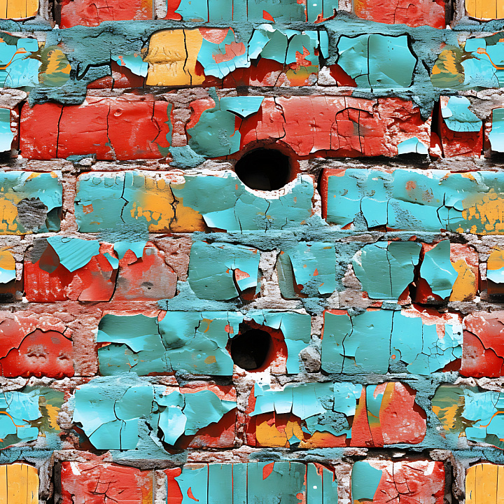 Cracked & Holed Painted Brick Wall with Peeling Blue, Red, and Yellow P… seamless PBR texture preview