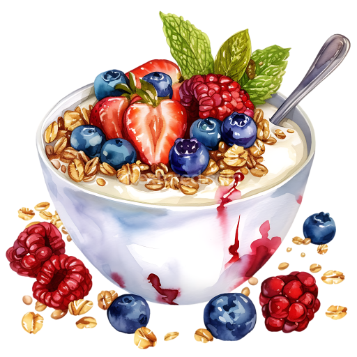 Granola and Fresh Berries Breakfast Bowl Illustrated with Mint Leaves