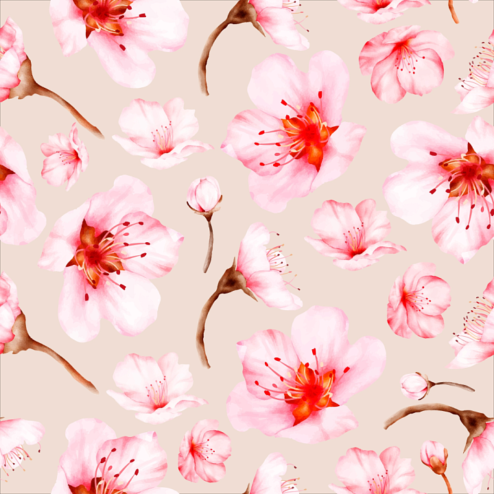 Watercolor Cherry Blossom Floral in Soft Pink and Beige seamless PBR texture preview