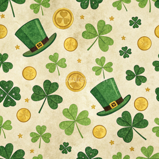 Seamless 3D PBR St Patrick Digital Paper Texture Featuring Shamrocks and Leprechaun Hats