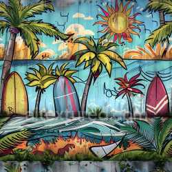 seamless Seamless 3D PBR Texture Featuring Vibrant Tropical Graffiti Mural with Surfboards and Palm Trees texture 8k free download PBR