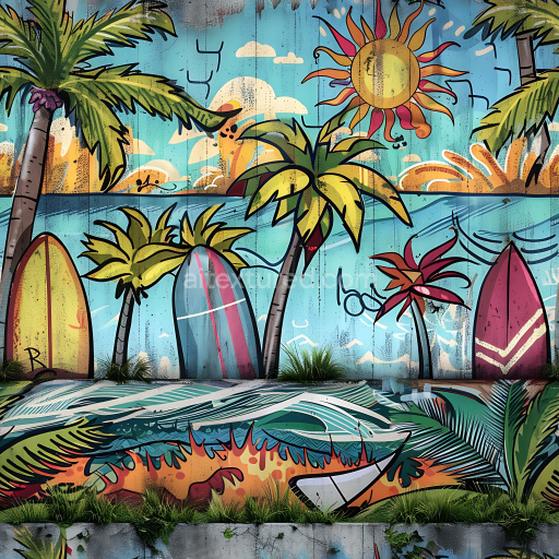 Seamless 3D PBR Texture Featuring Vibrant Tropical Graffiti Mural with Surfboards and Palm Trees