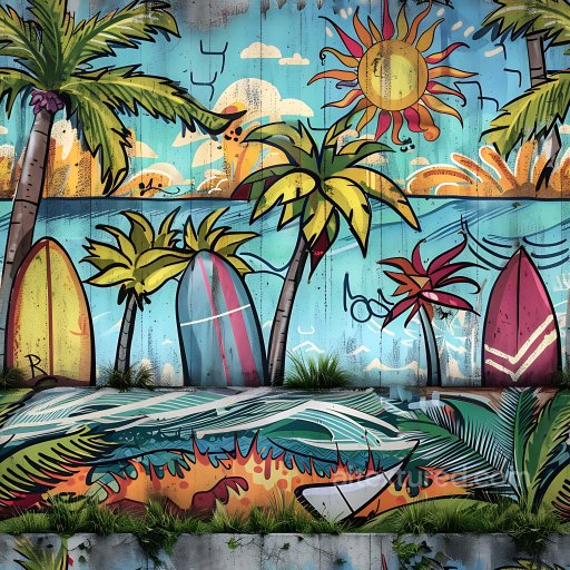 Seamless 3D PBR Texture Featuring Vibrant Tropical Graffiti Mural with Surfboards and Pal… texture preview