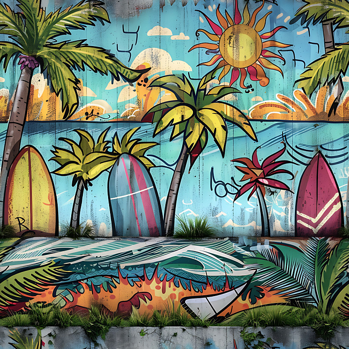 Featuring Vibrant Tropical Graffiti Mural with Surfboards and Palm Trees seamless PBR texture preview