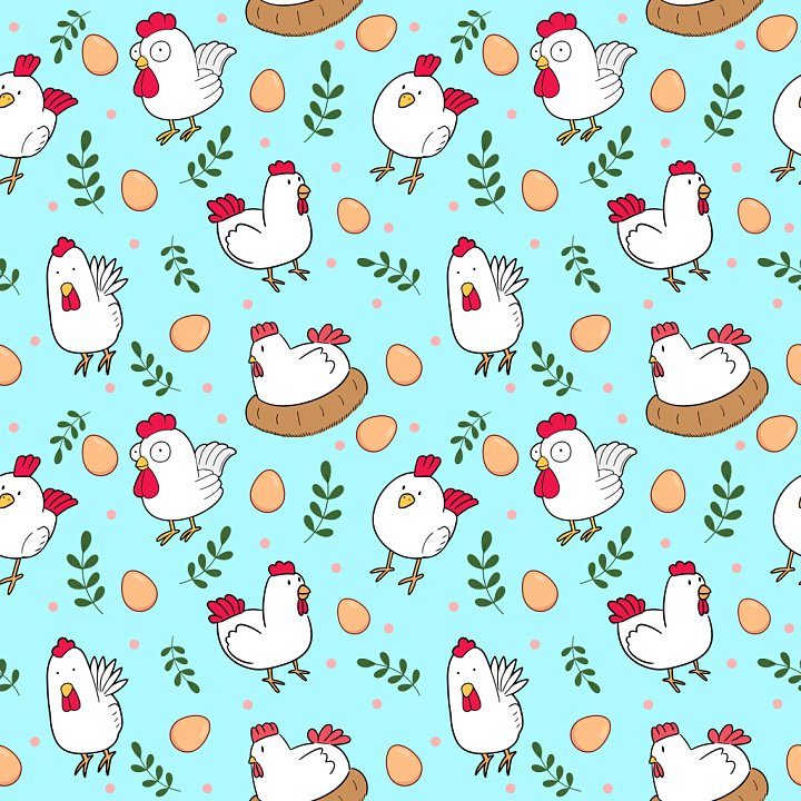 Pattern with Playful Cartoon Chickens and Eggs on Blue seamless PBR texture preview